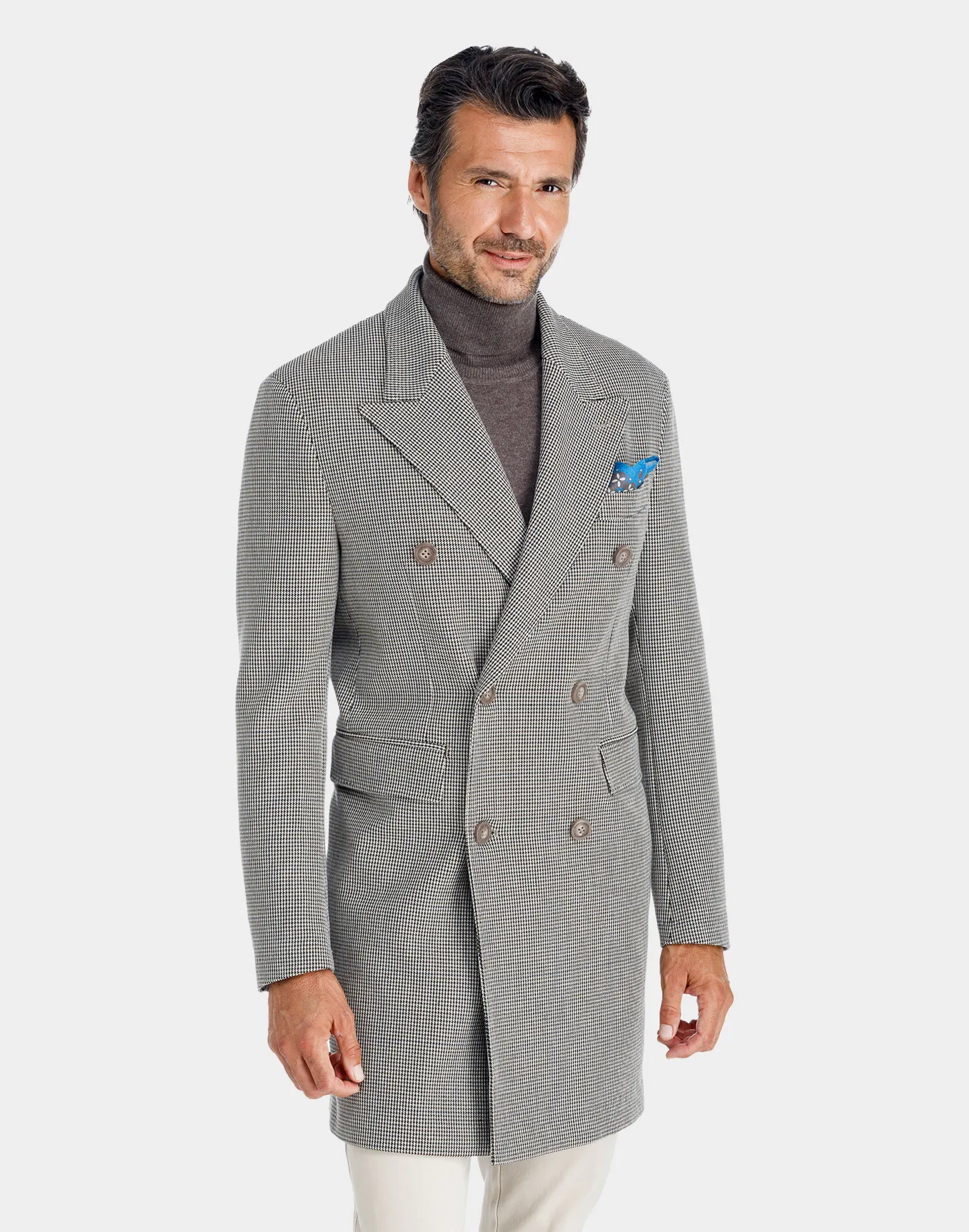 Double-breasted cotton jersey Torino coat with brown houndstooth pattern