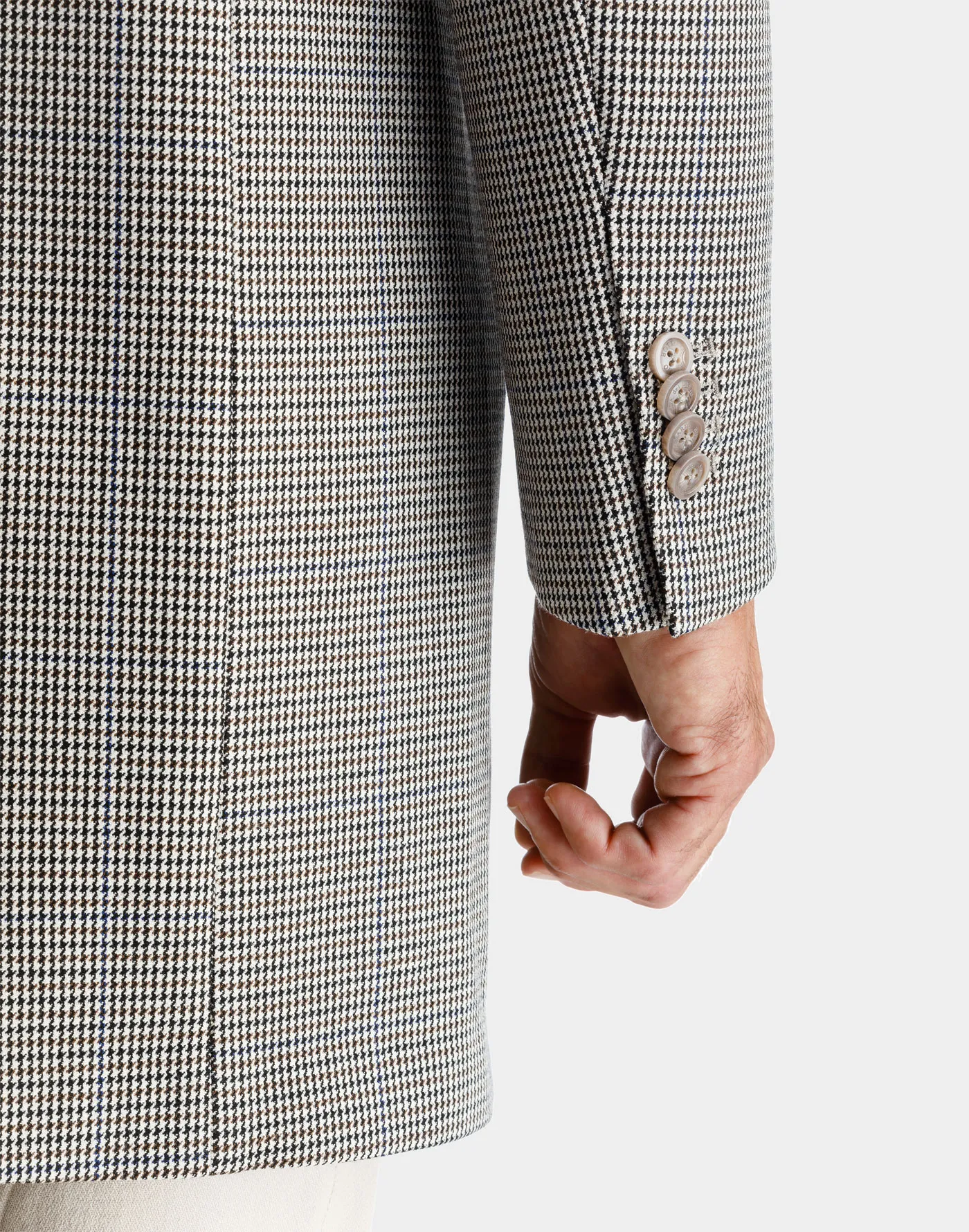 Double-breasted cotton jersey Torino coat with brown houndstooth pattern