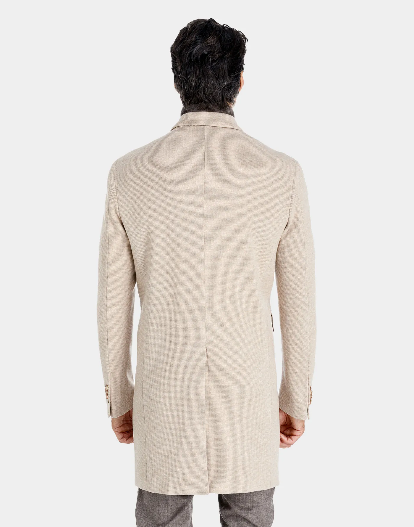 Double-breasted cotton jersey Torino coat with ecru micro pattern