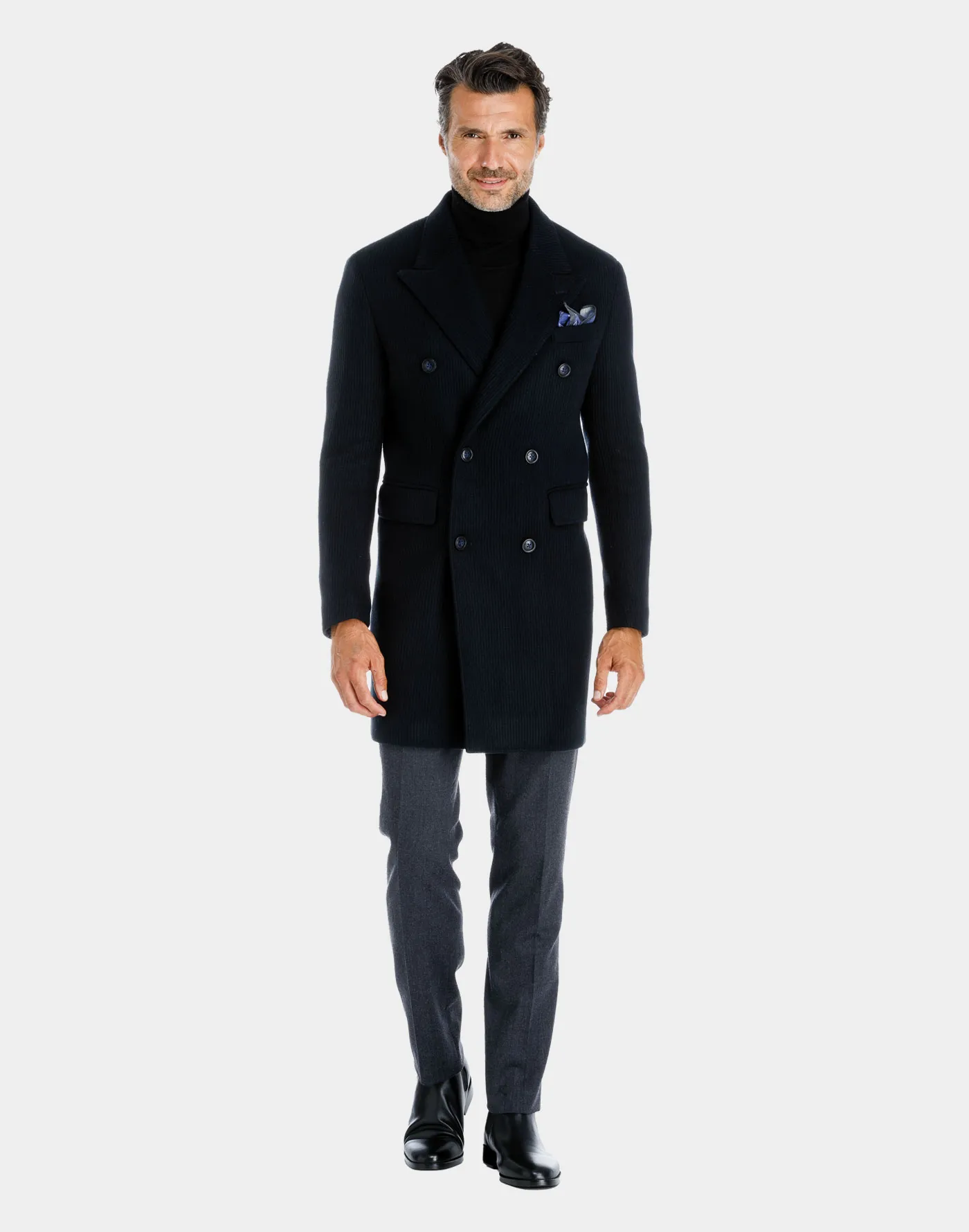 Double-breasted wool jersey Torino coat with blue navy striped pattern