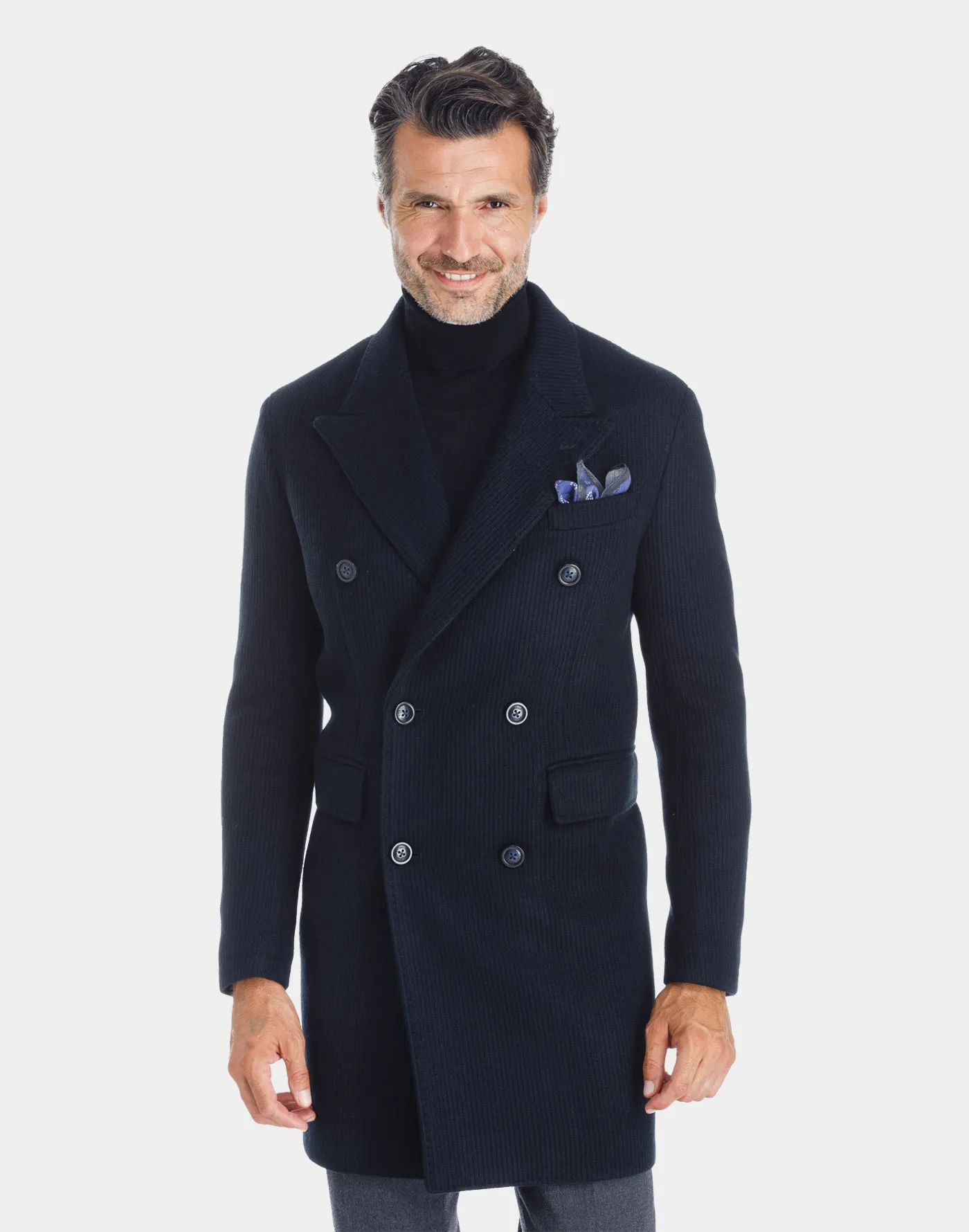 Double-breasted wool jersey Torino coat with blue navy striped pattern