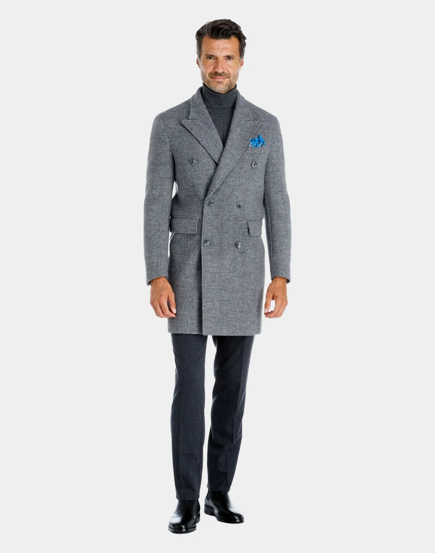 Double-breasted wool jersey Torino coat with dark gray striped pattern