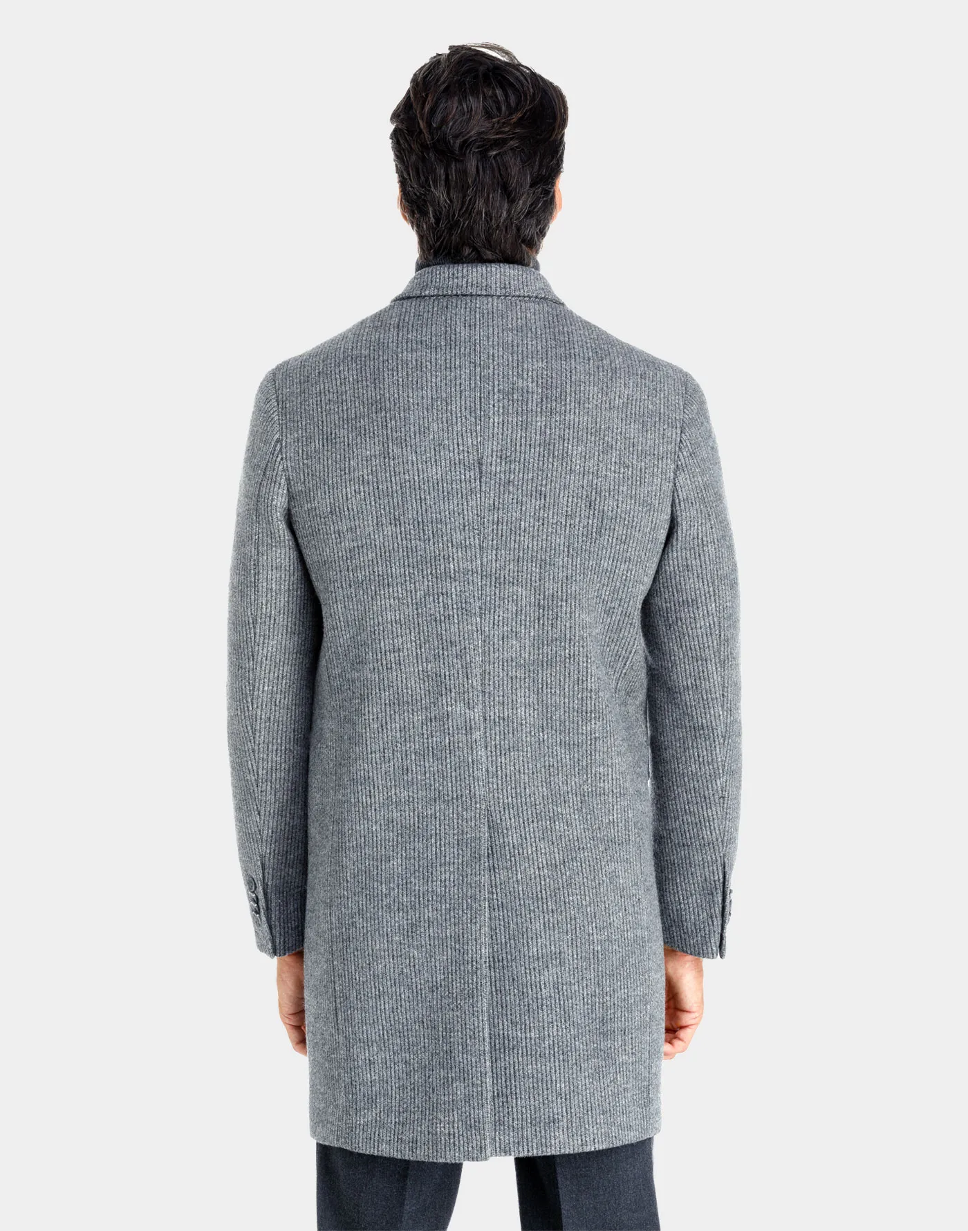 Double-breasted wool jersey Torino coat with dark gray striped pattern