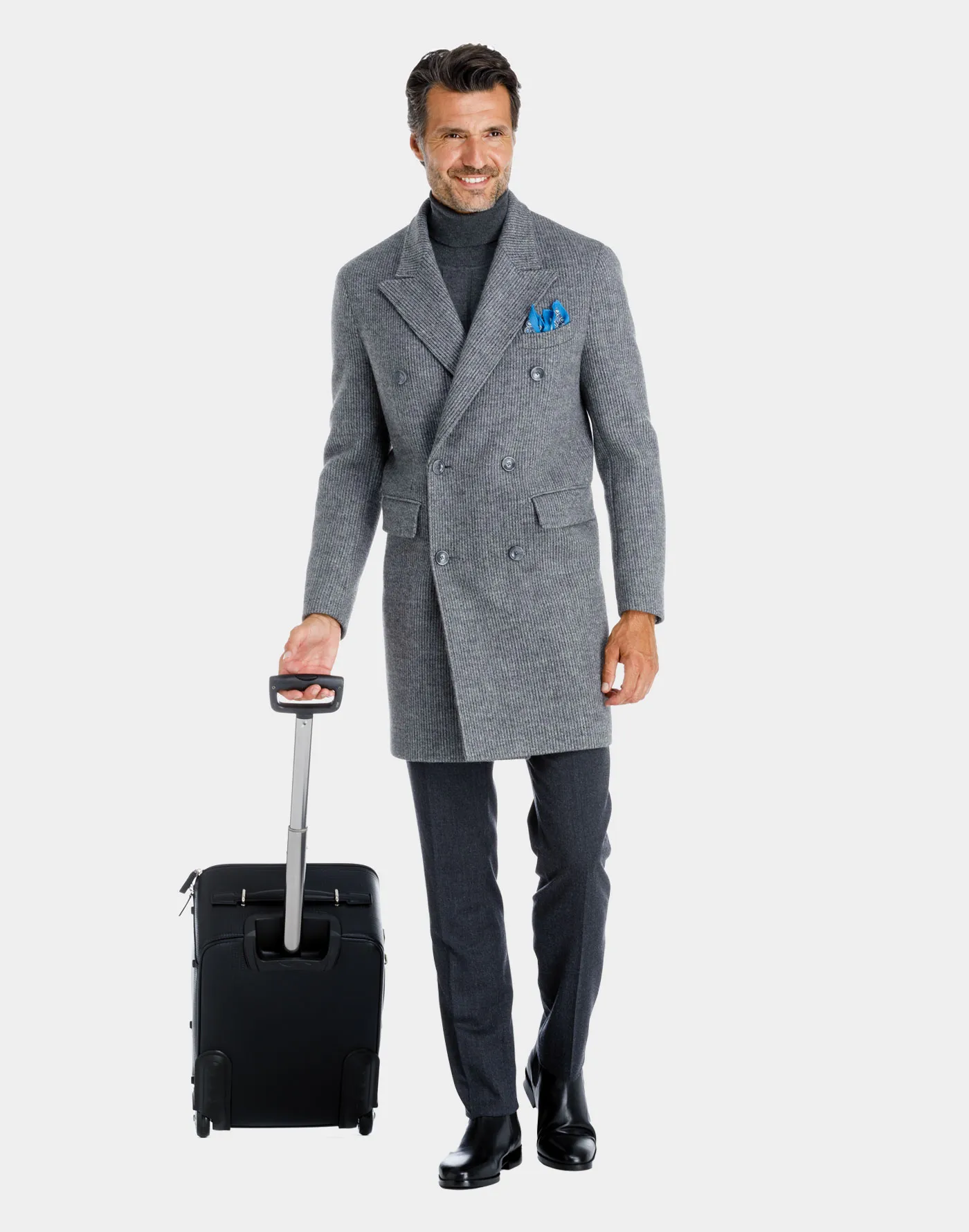 Double-breasted wool jersey Torino coat with dark gray striped pattern