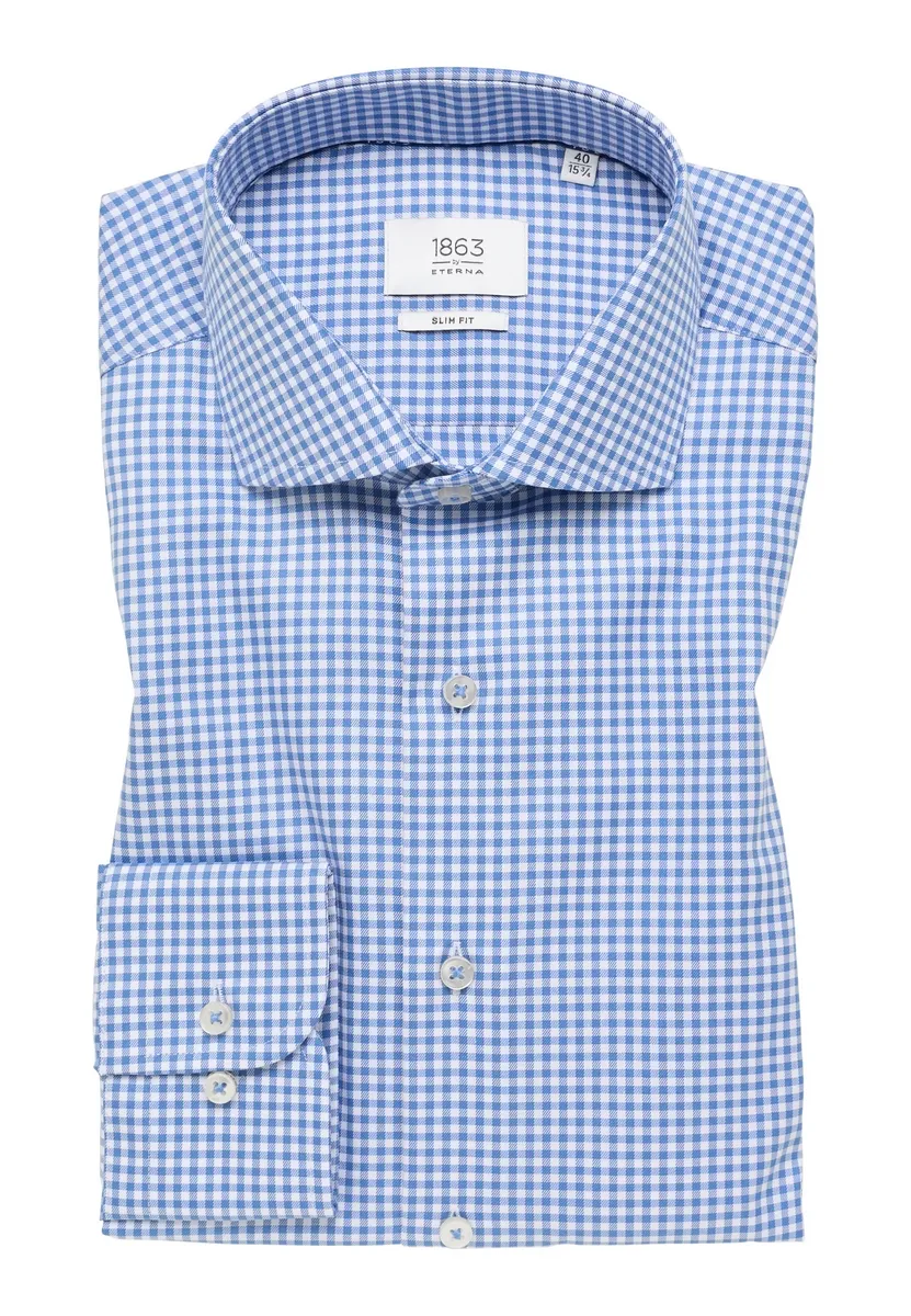 Eterna blue slim-fit checkered shirt in non-iron twill cotton