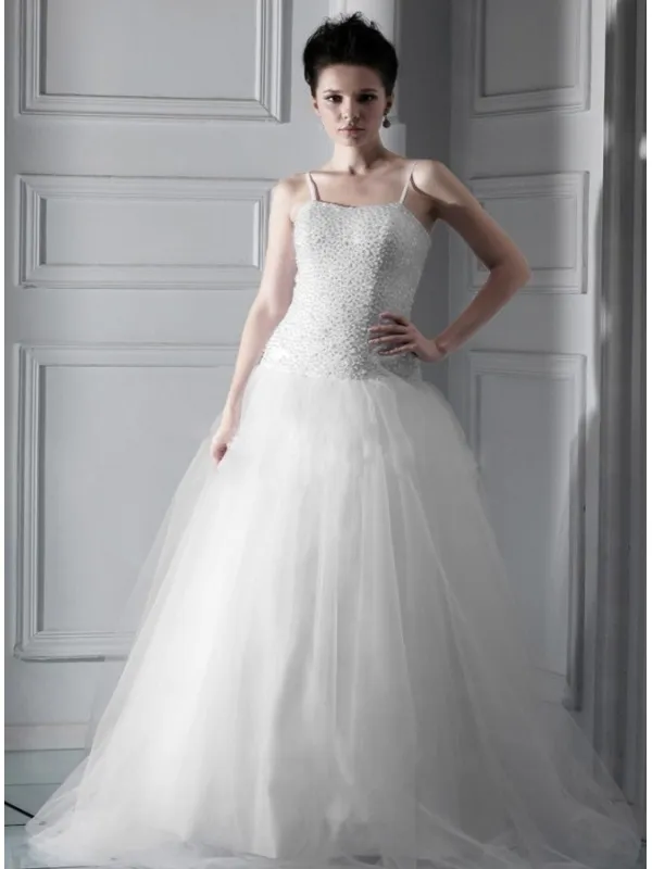 EVELYN - A-line Spaghetti straps Floor length Tulle Square neck Wedding dress