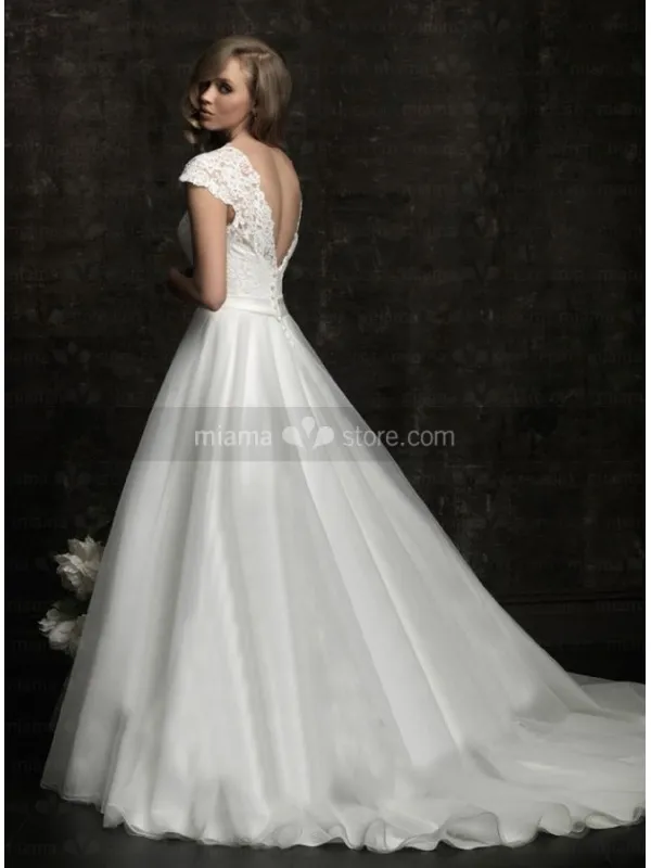 FAYE - A-line Empire waist Chapel train Organza Satin Low round/Scooped neck Weeding dress