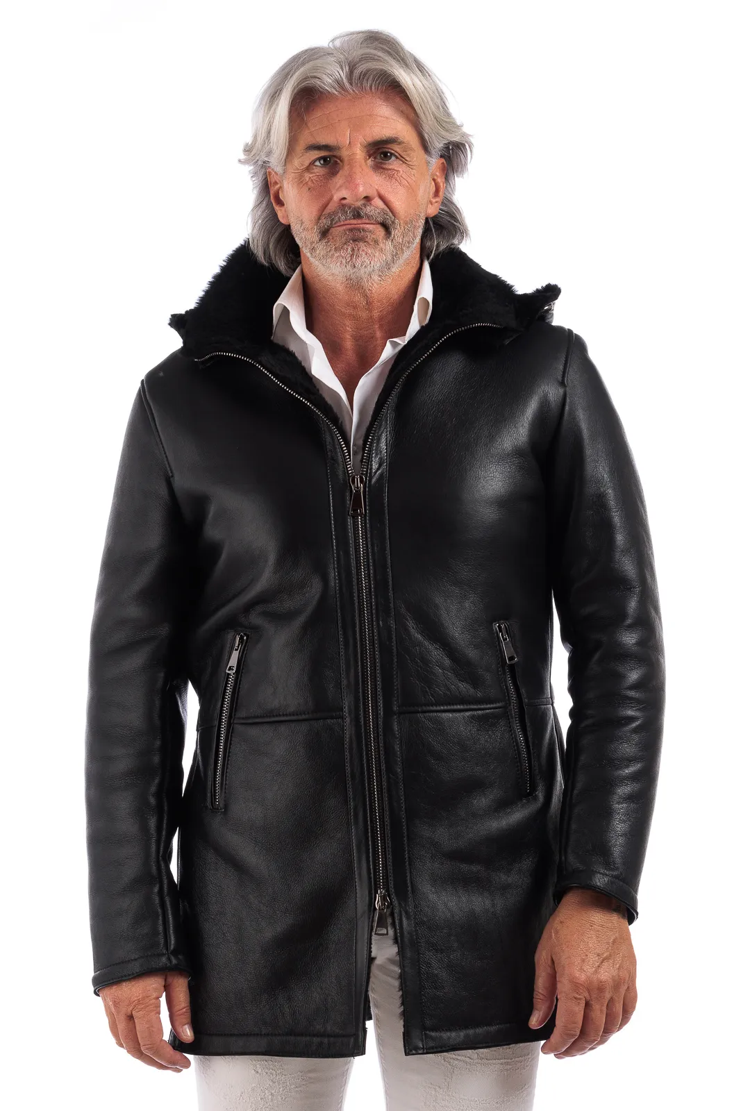 Genuine black sheepskin coat with black fur and hood