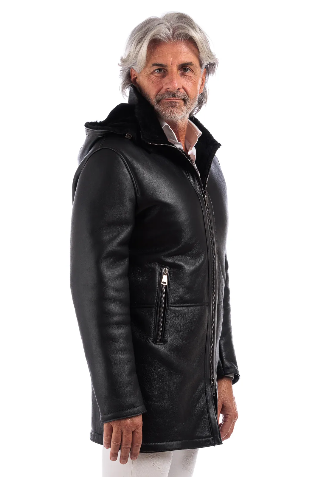 Genuine black sheepskin coat with black fur and hood