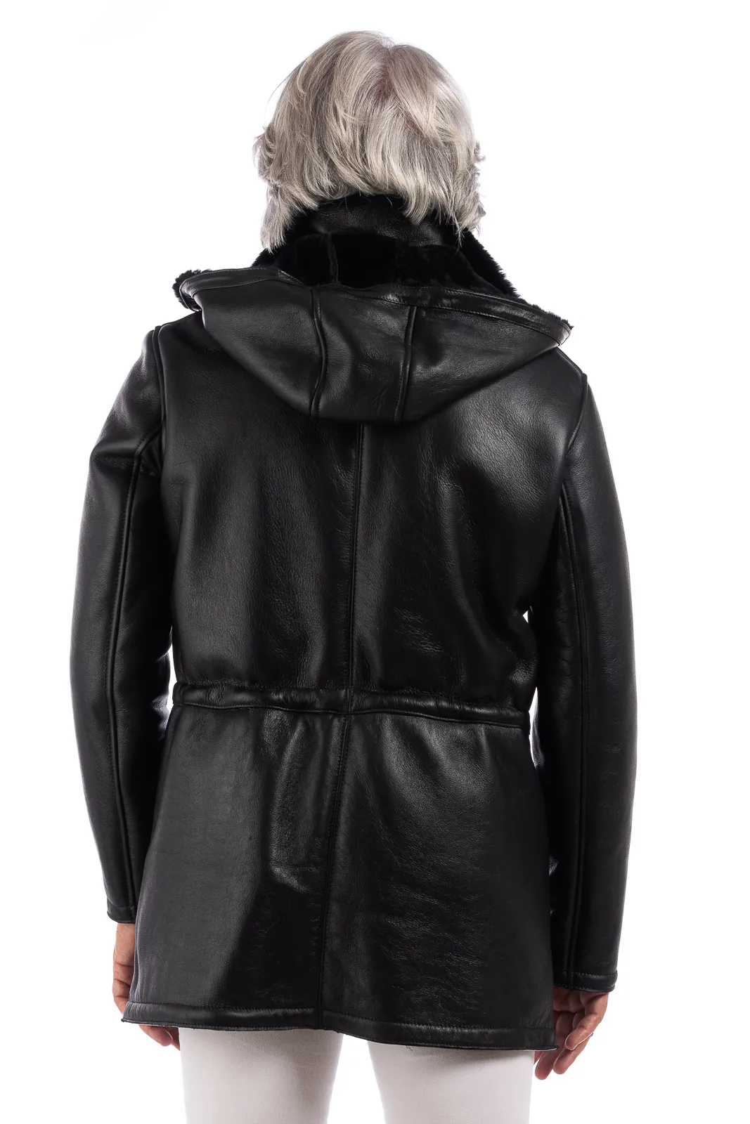 Genuine black sheepskin coat with black fur and hood