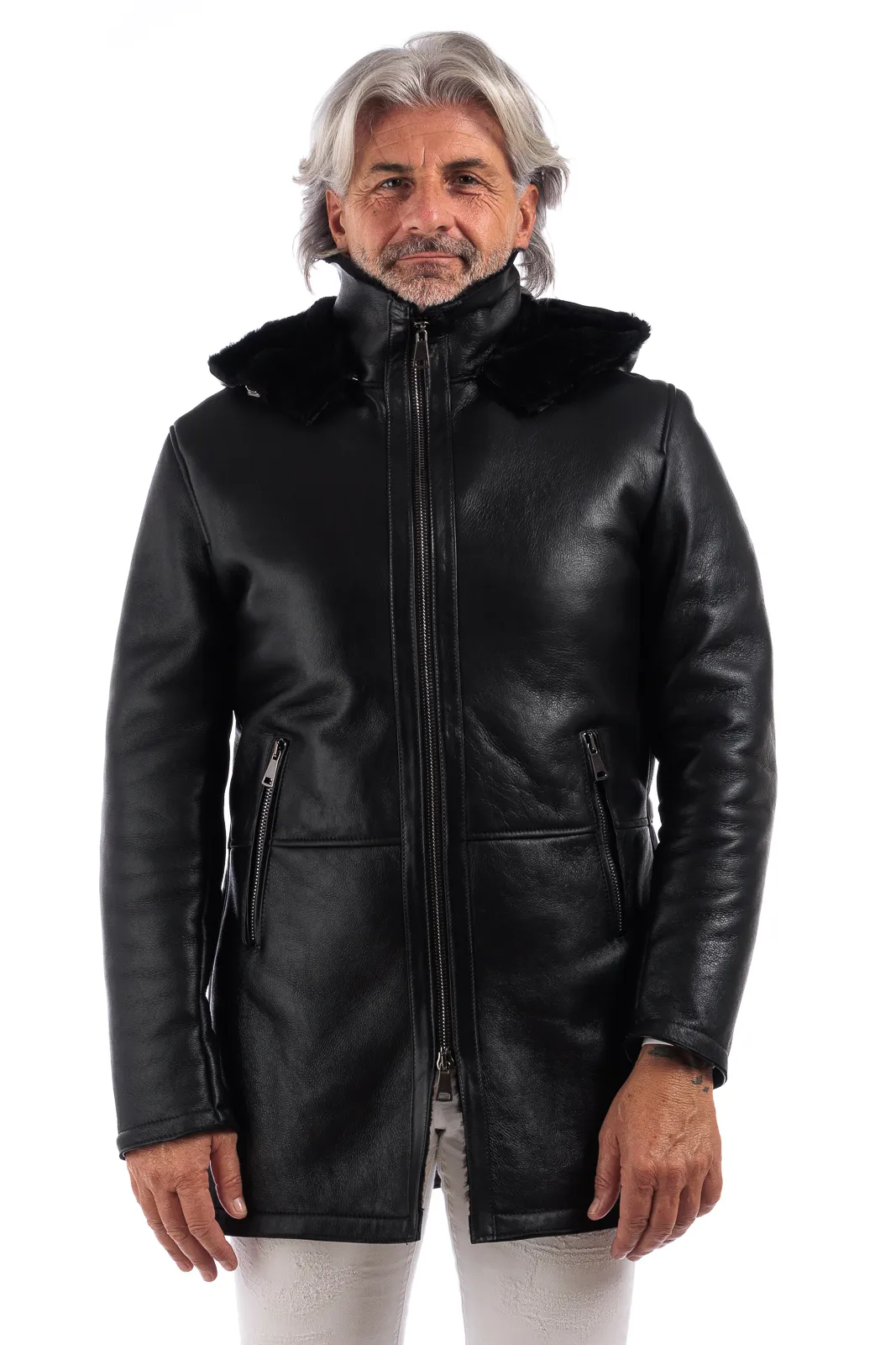 Genuine black sheepskin coat with black fur and hood