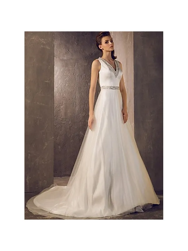 GLORIA - A-line V-neck Chapel train Satin Tulle edding dress