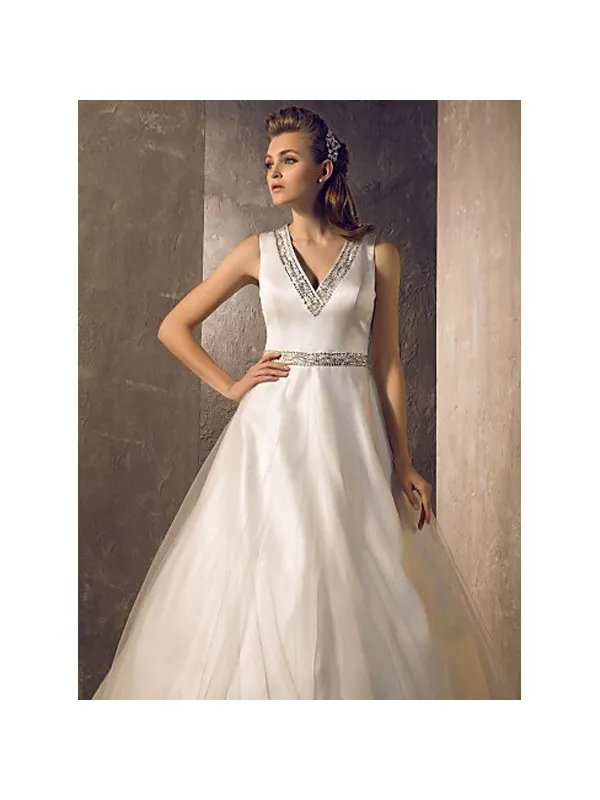 GLORIA - A-line V-neck Chapel train Satin Tulle edding dress