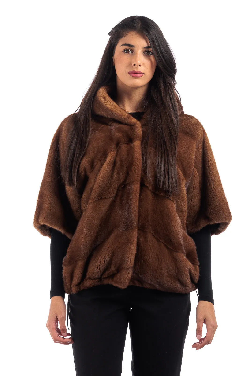 Golden Mink fur coat with hood and three-quarter sleeve