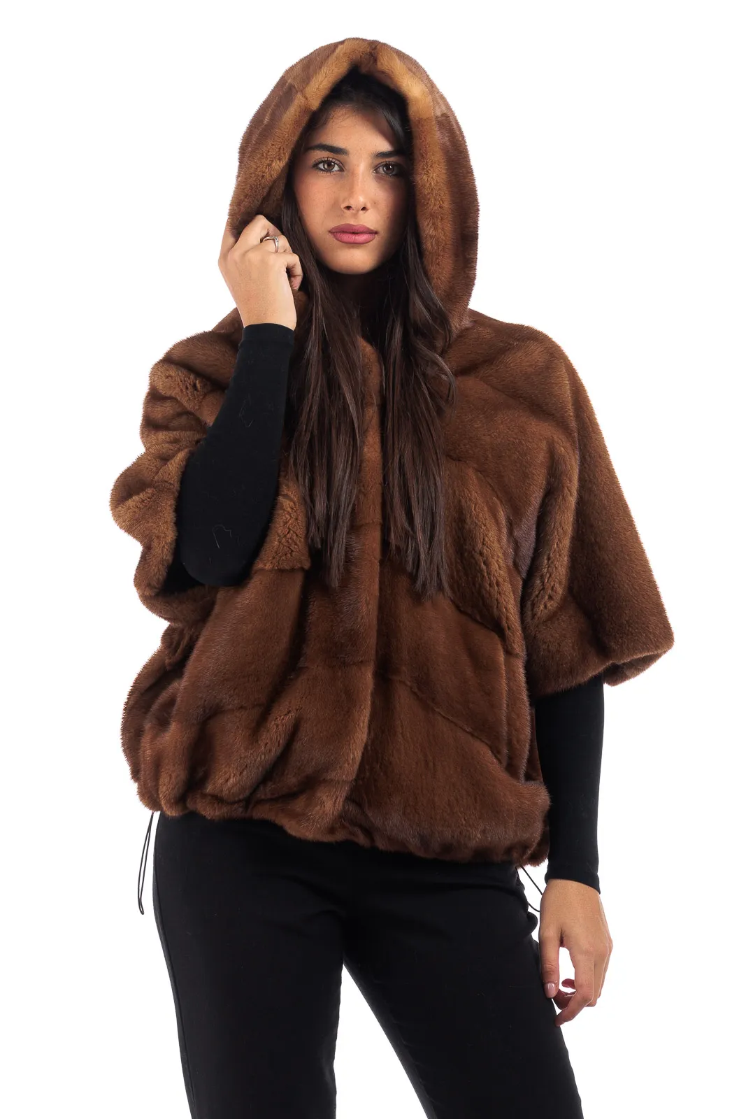 Golden Mink fur coat with hood and three-quarter sleeve