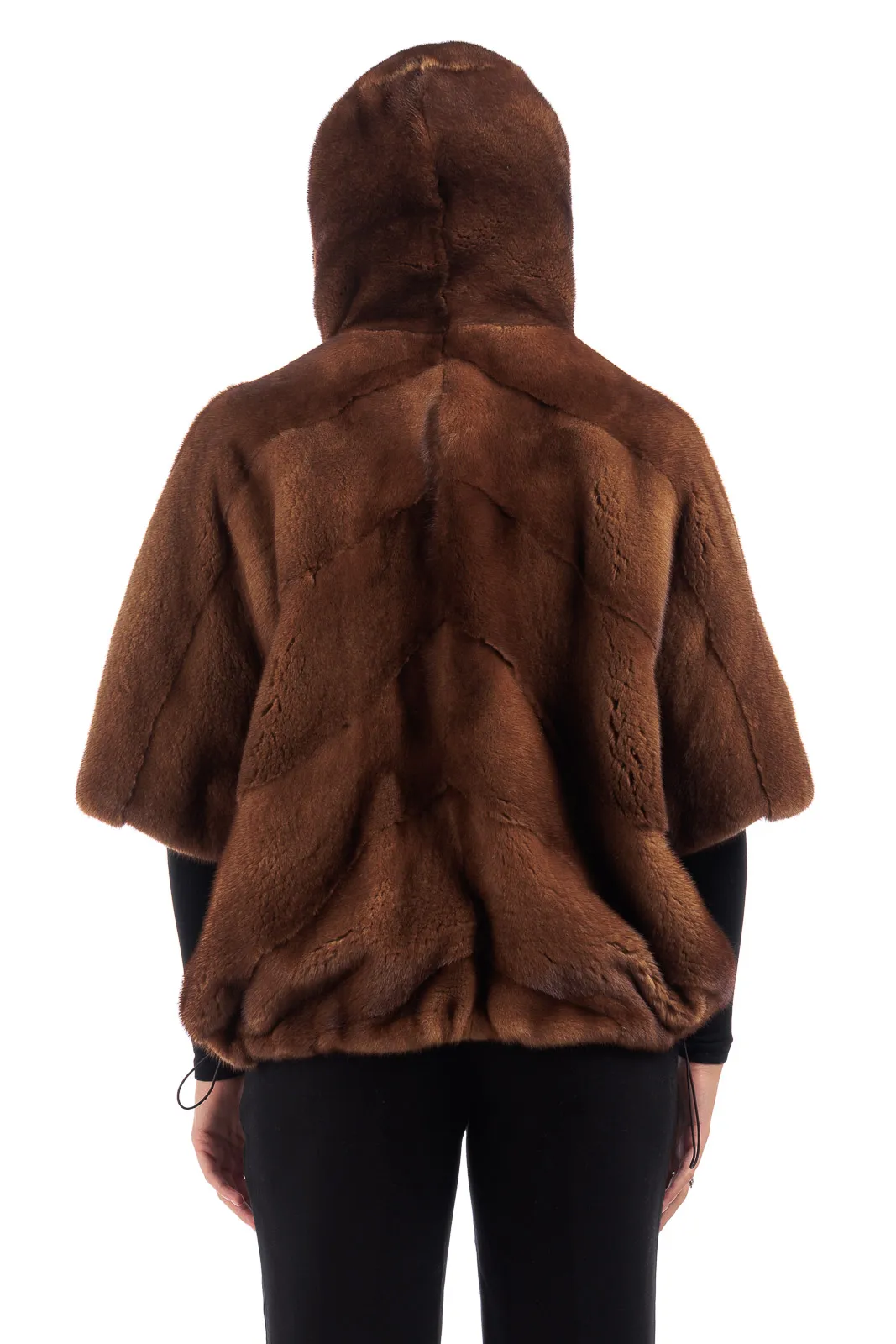 Golden Mink fur coat with hood and three-quarter sleeve