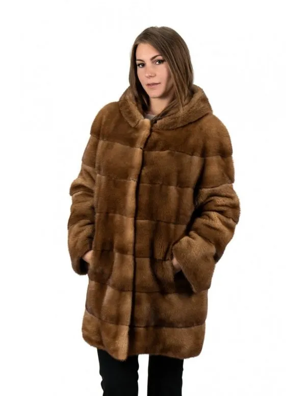 Honey color mink fur hooded coat