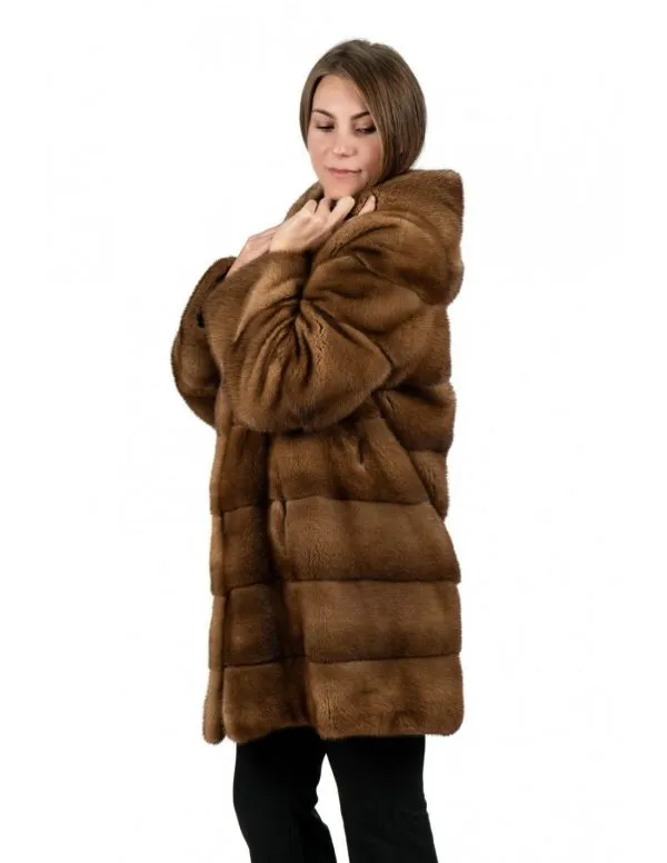 Honey color mink fur hooded coat