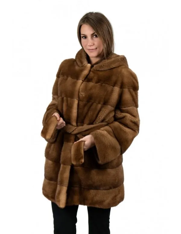 Honey color mink fur hooded coat