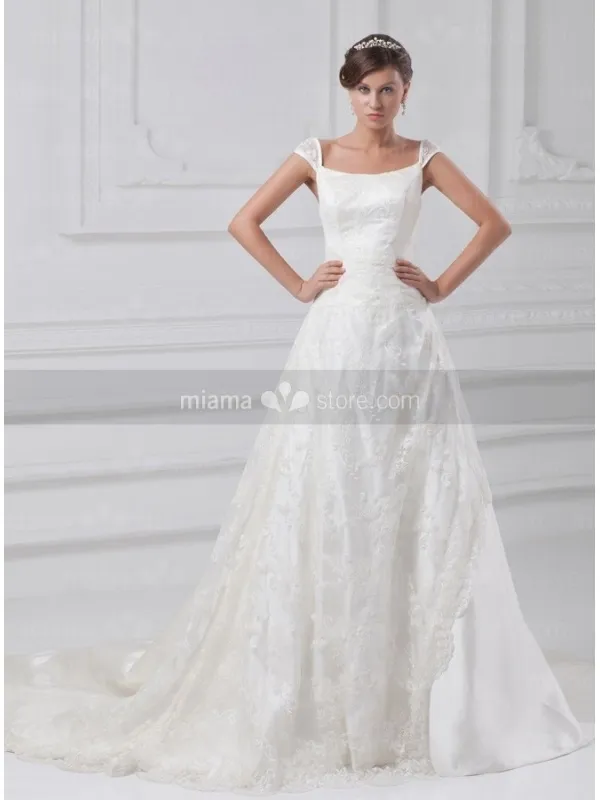 IRYNA - A-line Off the shoulder Chapel train Satin Square neck Wedding dress