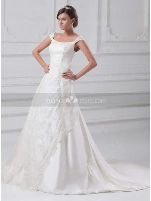 IRYNA - A-line Off the shoulder Chapel train Satin Square neck Wedding dress