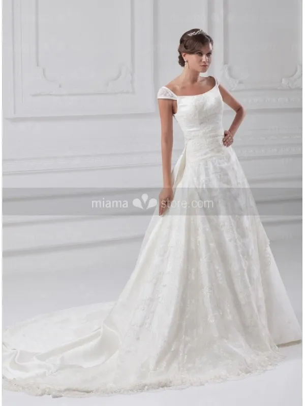 IRYNA - A-line Off the shoulder Chapel train Satin Square neck Wedding dress