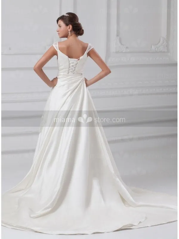 IRYNA - A-line Off the shoulder Chapel train Satin Square neck Wedding dress