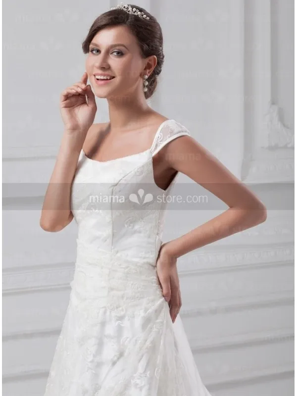 IRYNA - A-line Off the shoulder Chapel train Satin Square neck Wedding dress