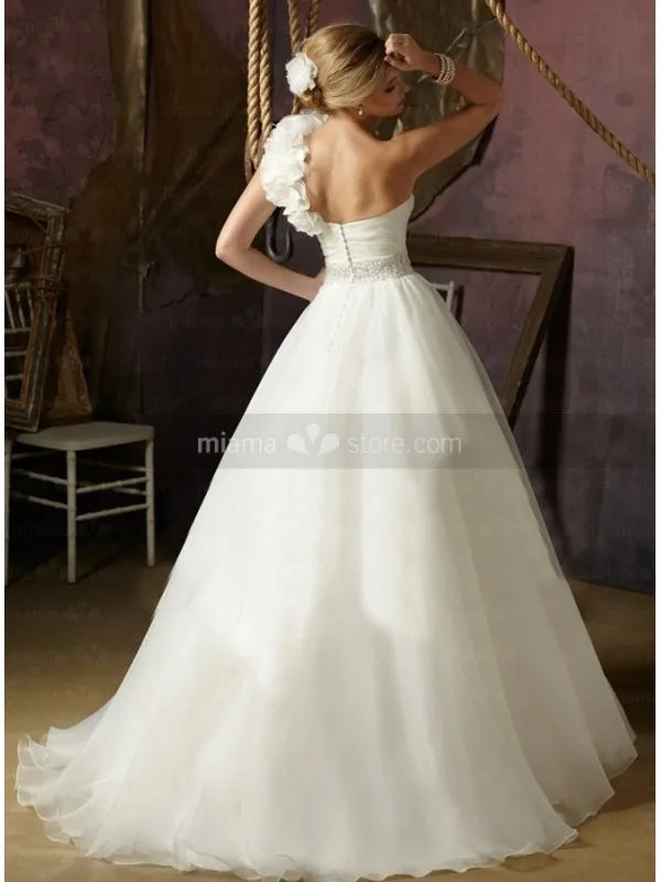 LAVERNE - A-line Chapel train Organza Satin One shoulder Weeding dress