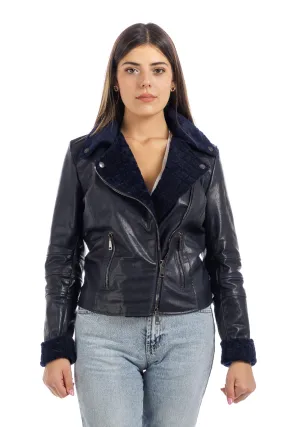 Leather coat with blue sheepskin collar and lapel