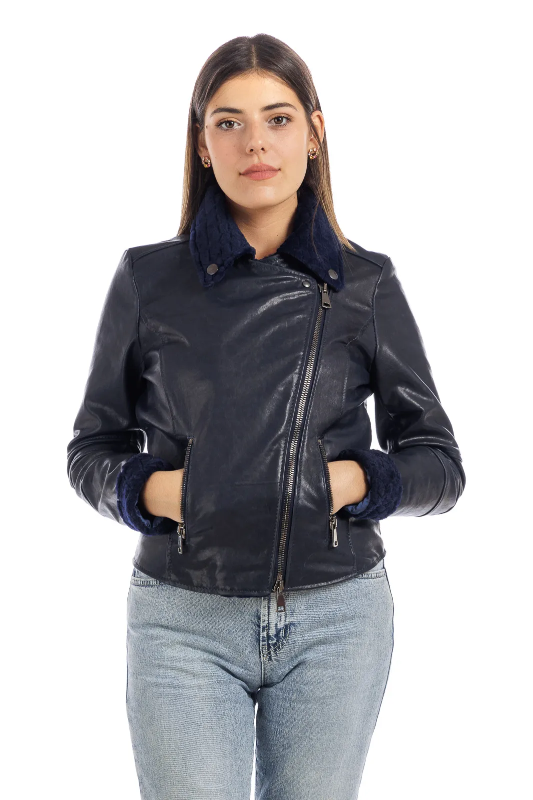 Leather coat with blue sheepskin collar and lapel