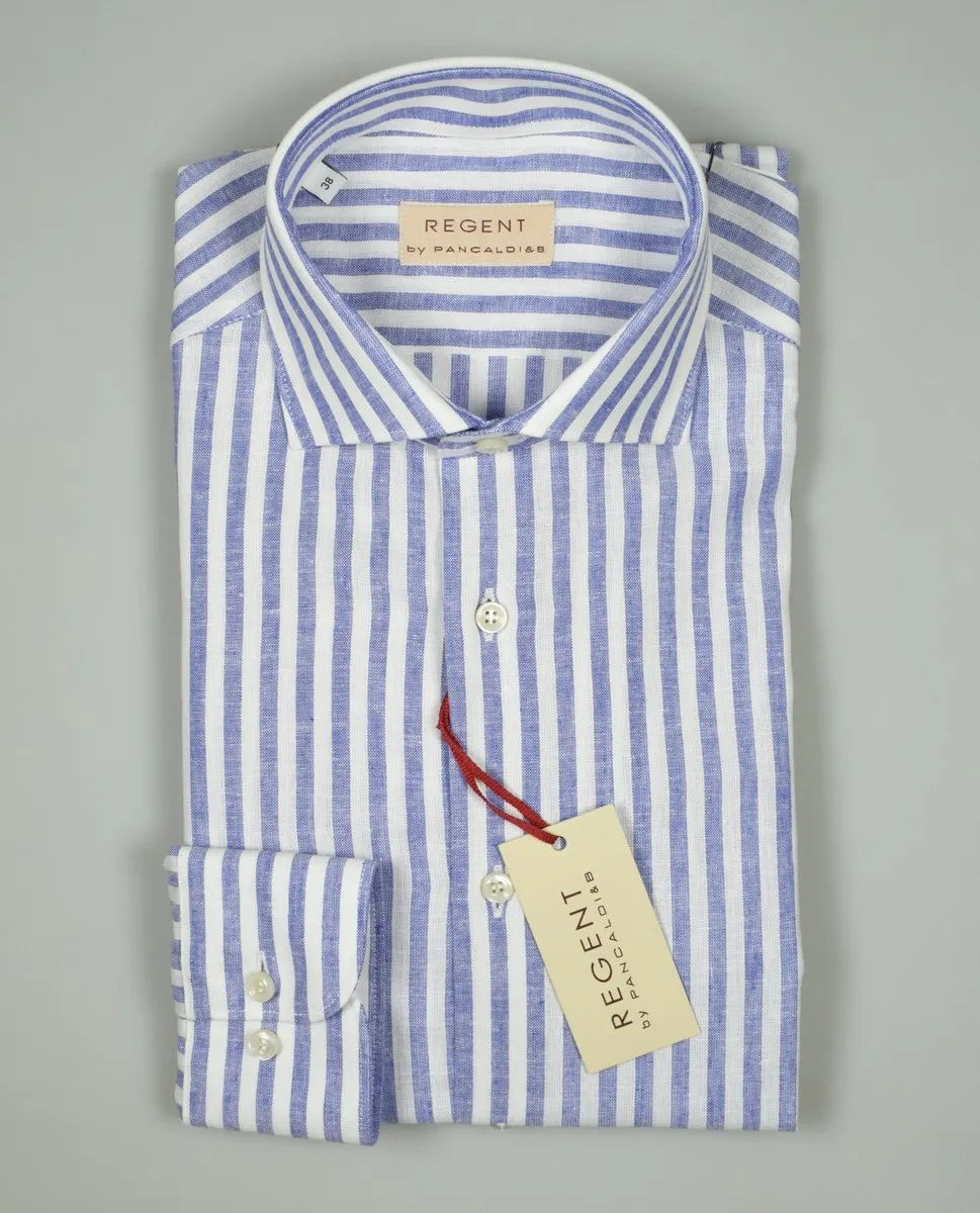 Linen and cotton shirt slim fit with blue stripes