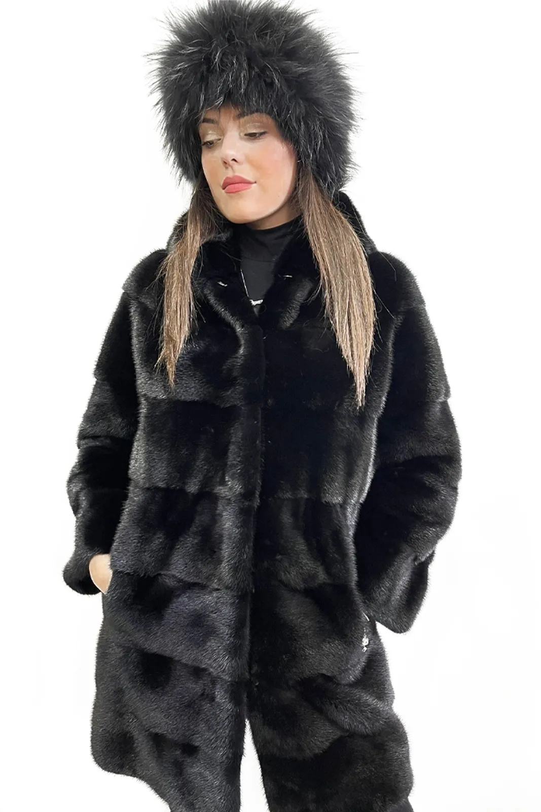 Long blackglama mink fur coat with hood