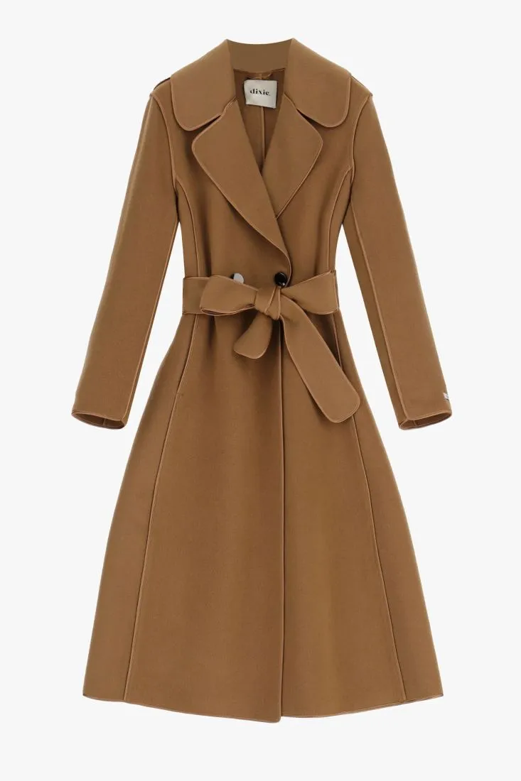  Long coat with tied belt    