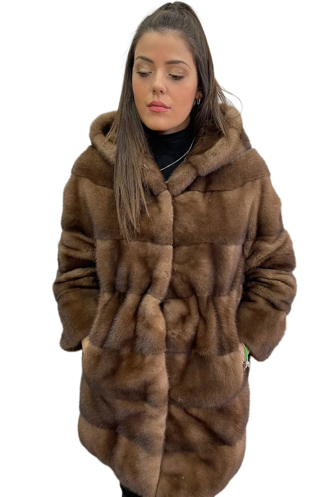 Long demi buff mink fur coat with hood