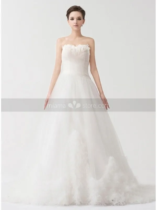 LSABELLA - A-line Strapless Chapel train Tulle Satin Strapless Wedding dress