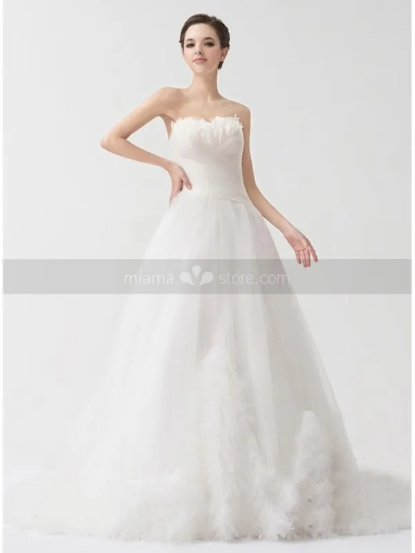 LSABELLA - A-line Strapless Chapel train Tulle Satin Strapless Wedding dress