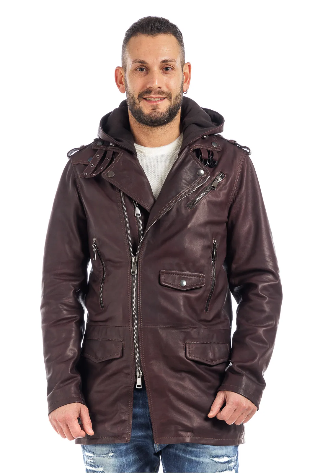 Men’s burgundy-brown genuine leather zipper studded coat