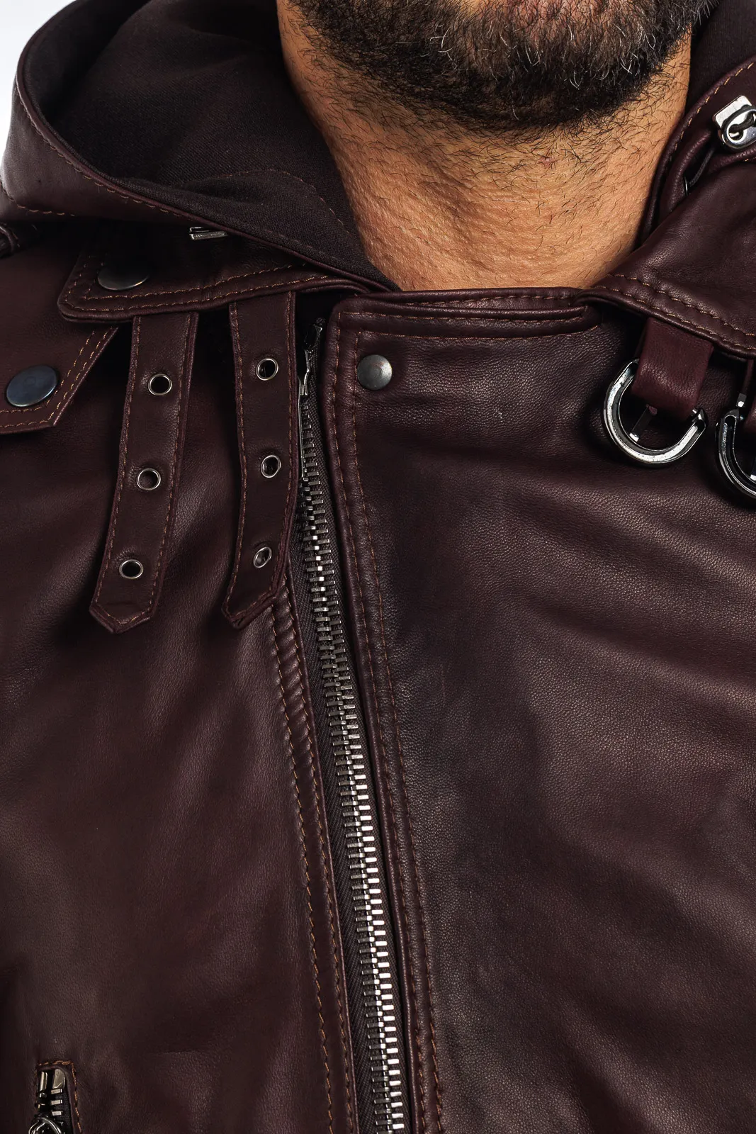 Men’s burgundy-brown genuine leather zipper studded coat