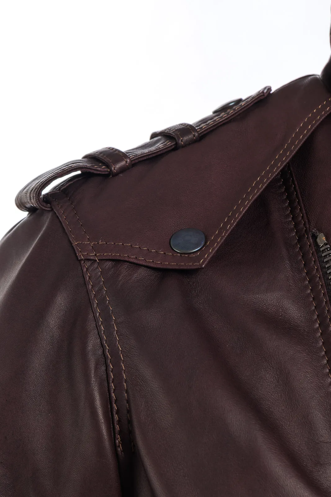 Men’s burgundy-brown genuine leather zipper studded coat