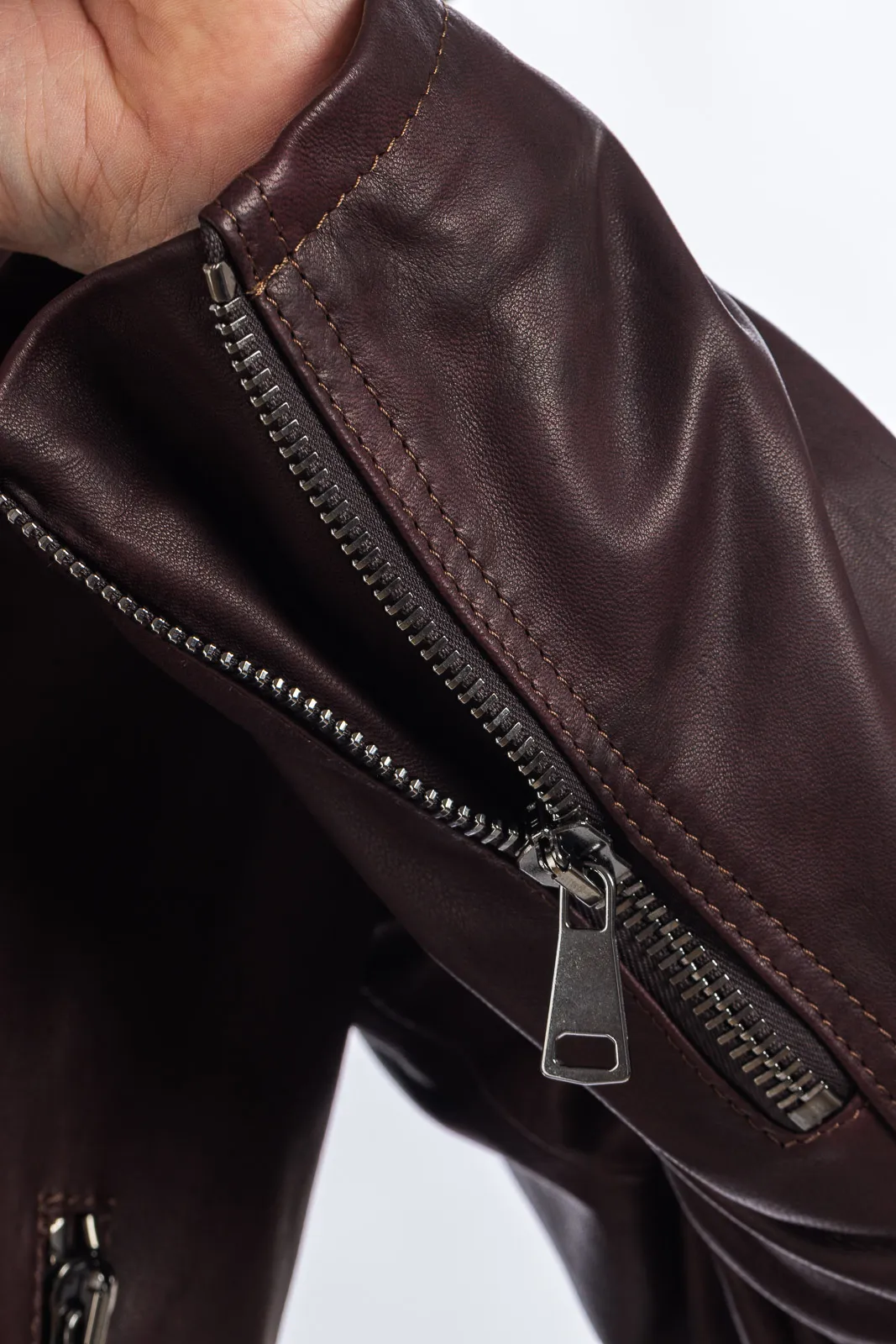 Men’s burgundy-brown genuine leather zipper studded coat