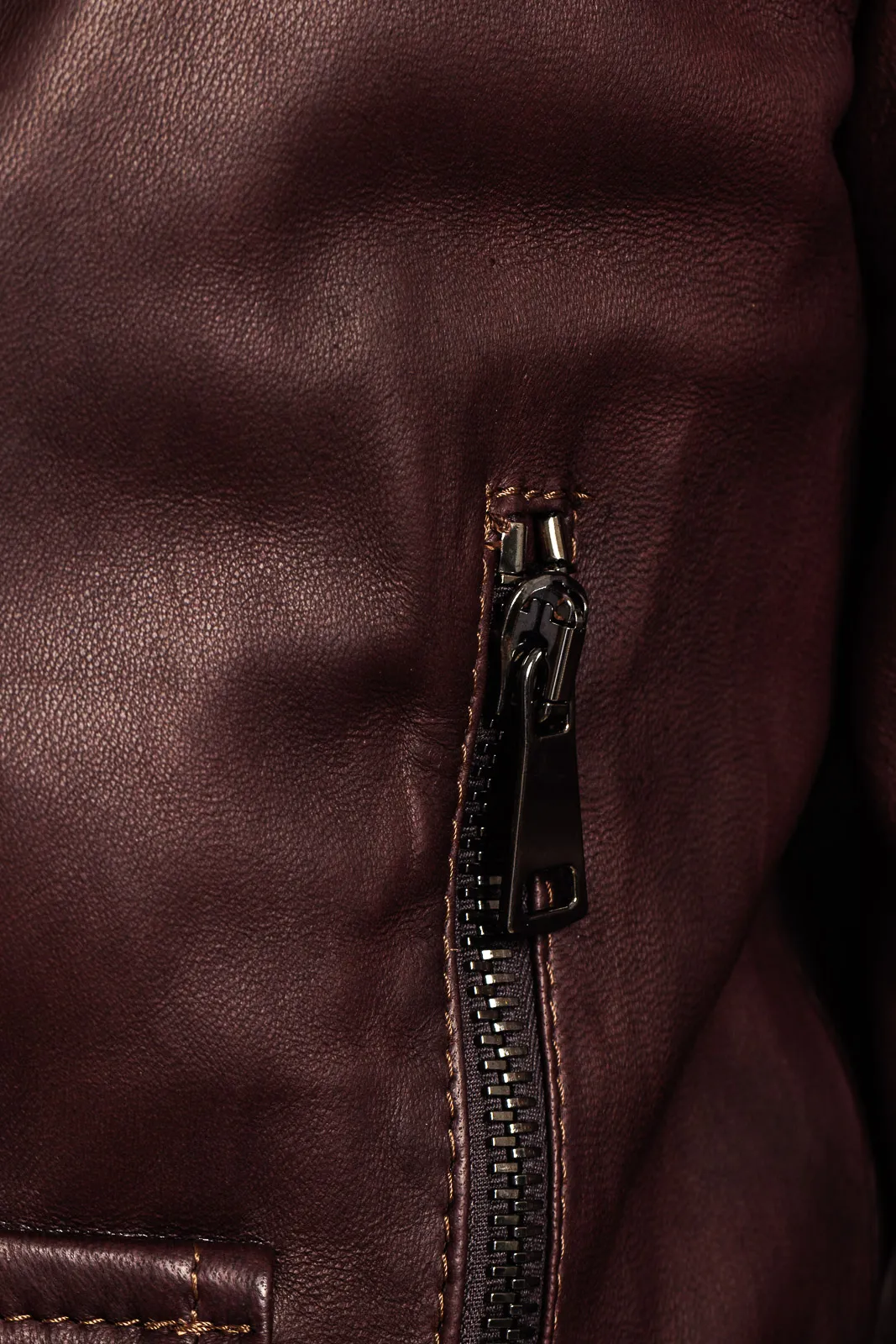 Men’s burgundy-brown genuine leather zipper studded coat