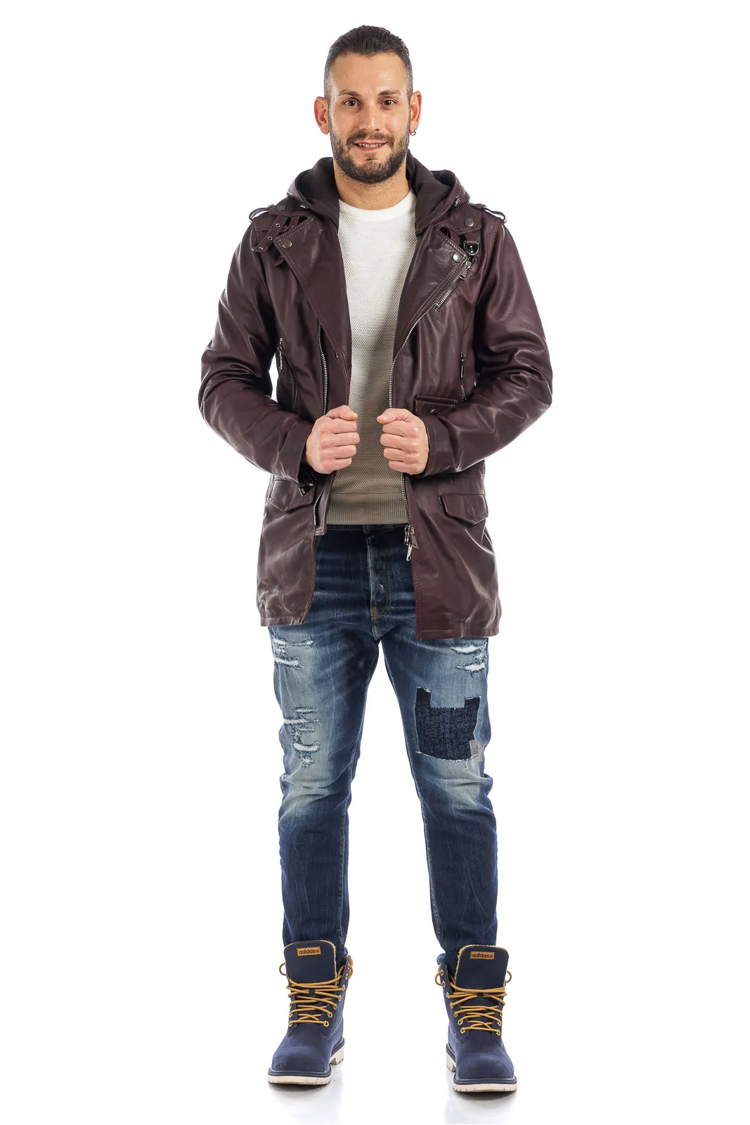 Men’s burgundy-brown genuine leather zipper studded coat