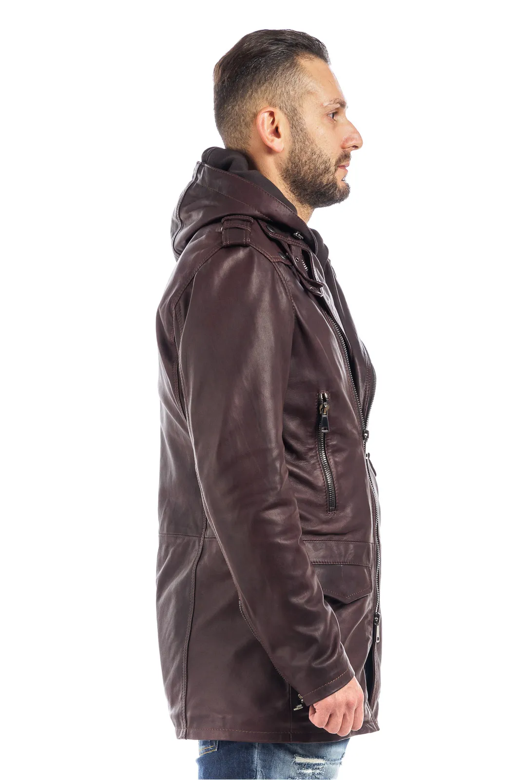 Men’s burgundy-brown genuine leather zipper studded coat