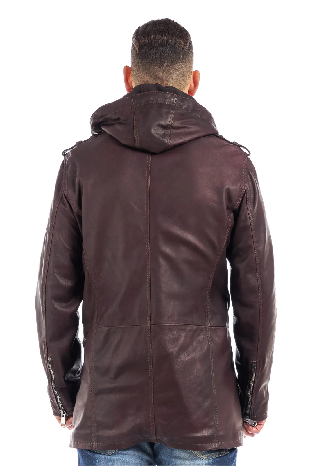 Men’s burgundy-brown genuine leather zipper studded coat