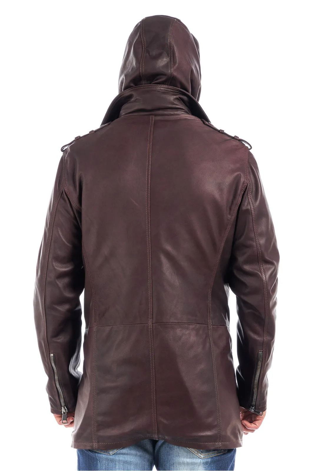 Men’s burgundy-brown genuine leather zipper studded coat