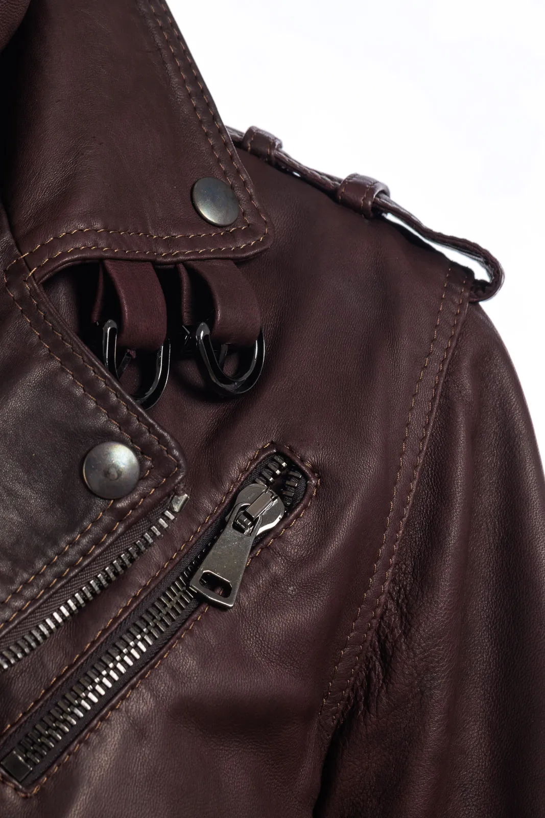 Men’s burgundy-brown genuine leather zipper studded coat