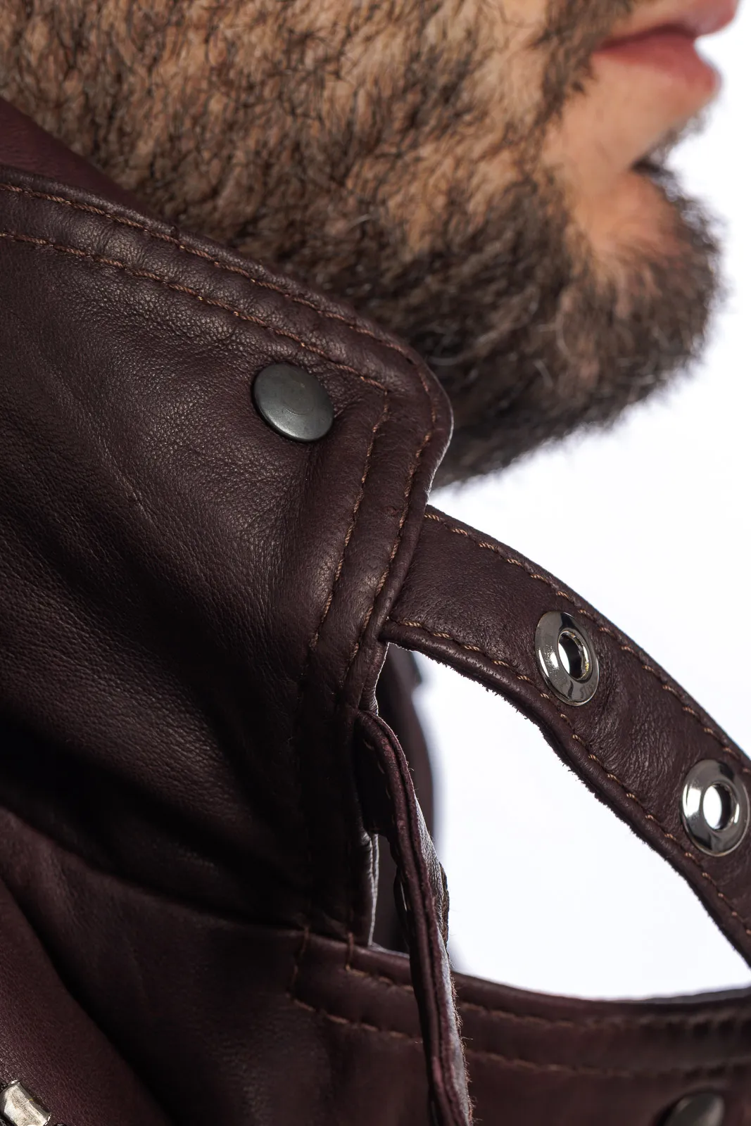 Men’s burgundy-brown genuine leather zipper studded coat