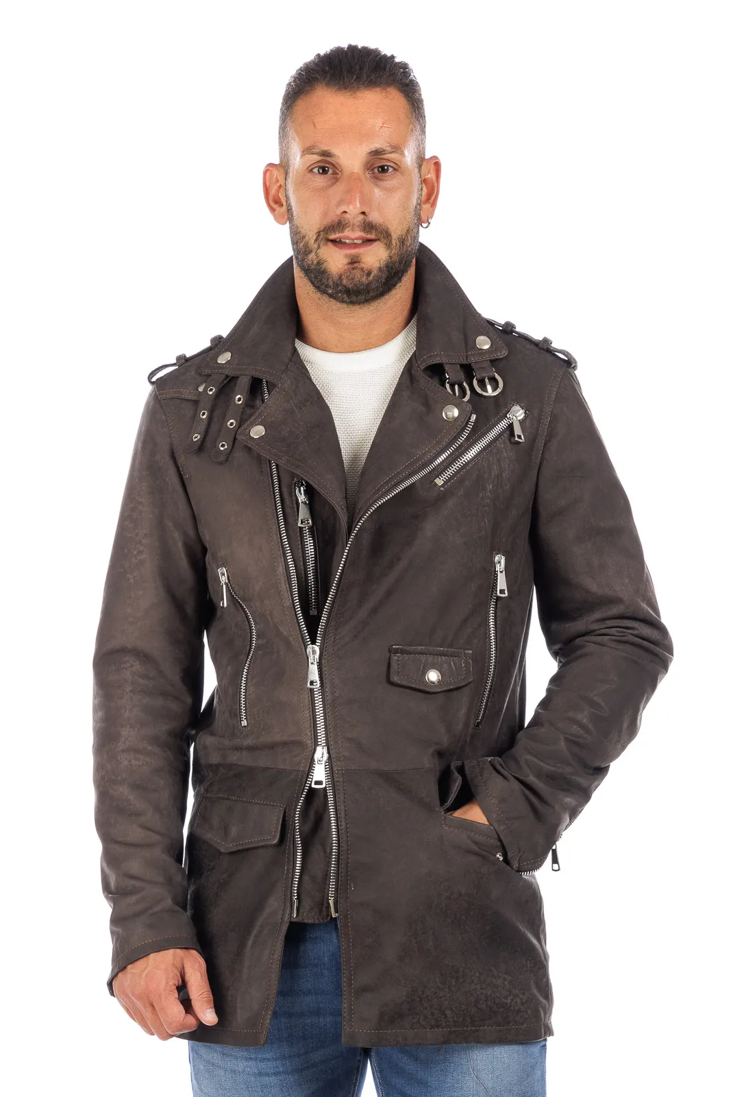 Men’s genuine leather studded coat with dark brown zipper