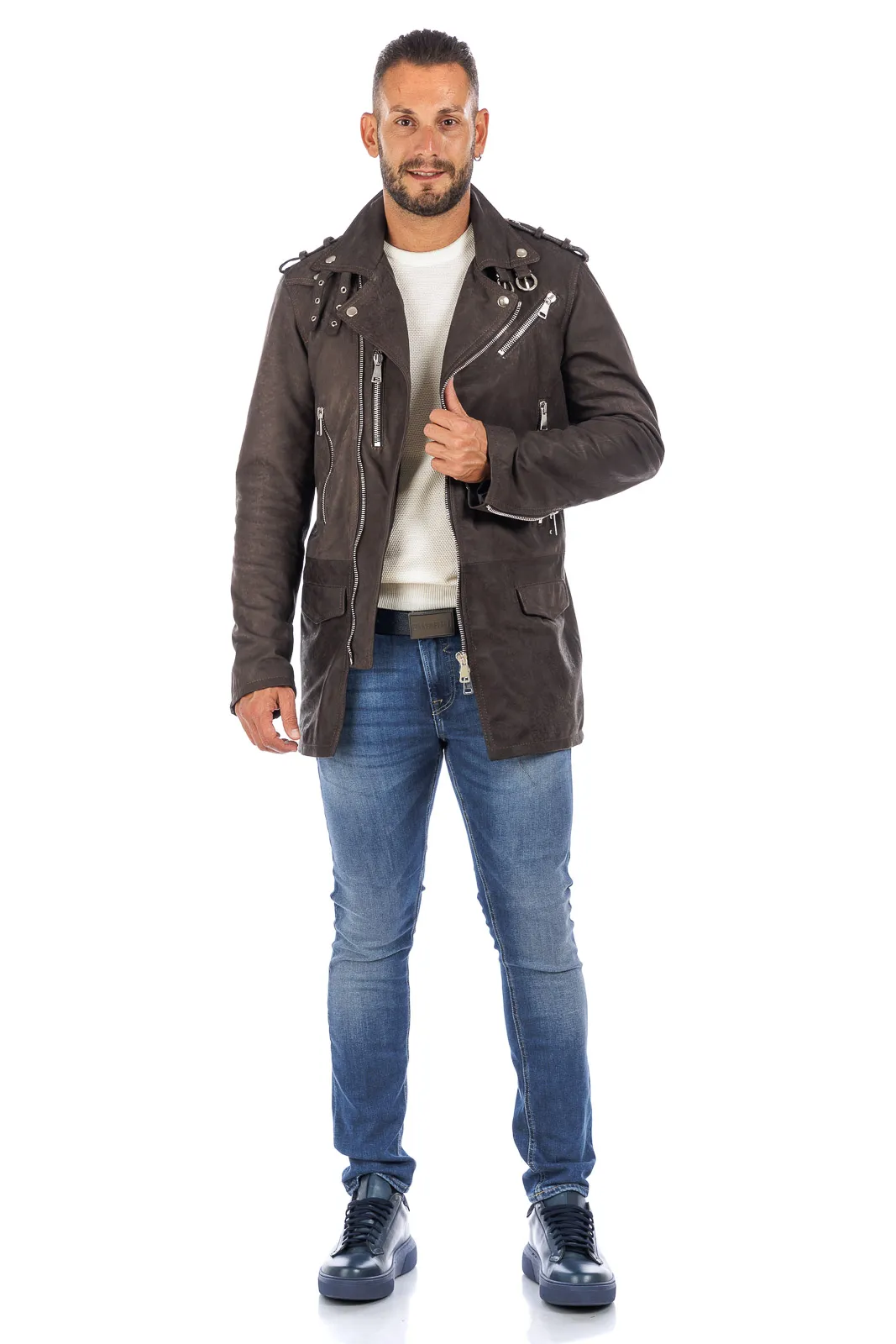 Men’s genuine leather studded coat with dark brown zipper